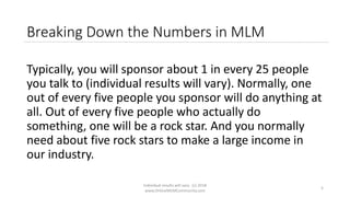 Individual results will vary. (c) 2018
www.OnlineMLMCommunity.com
5
Breaking Down the Numbers in MLM
Typically, you will sponsor about 1 in every 25 people
you talk to (individual results will vary). Normally, one
out of every five people you sponsor will do anything at
all. Out of every five people who actually do
something, one will be a rock star. And you normally
need about five rock stars to make a large income in
our industry.
 