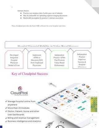 7
A Complete HealthCare Management Solution www.CloudPital.com
Developed
Integrated
Hospital
Physician
Model of Care
Implement
APMs to
Maximize ROI
from Employed
Physicians
Independent
Practice APMs
That Promote
Value-Based
Performance
Independent
Practice
Improves
Success &
Hospital
Allegiance
Hospital Financial Stability in Value-Based Success
internet choices
● Practice can misplace data if seller goes out of industry
● May be unfeasible for uploading superior imaging documents
● Bandwidth incomplete by practice’s internet association
Thus cloudpital provides the best EMR software for your hospital and clinic
Key of Cloudpital Success
 