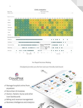 9
A Complete HealthCare Management Solution www.CloudPital.com
For Rapid Decision Making
Cloudpital provides you the best and user-friendly dash board
 