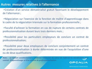 Autres  mesures relatives à l’alternance Création d'un service dématérialisé gratuit favorisant le développement de l'alternance ; Négociation sur l'exercice de la fonction de maître d'apprentissage dans le cadre de la négociation triennale sur la formation professionnelle ; Faculté d'achever la formation en cas de rupture de certains contrats de professionnalisation durant leurs trois derniers mois ; Possibilité pour les particuliers employeurs de conclure un contrat de professionnalisation; Possibilité pour deux employeurs de conclure conjointement un contrat de professionnalisation à durée déterminée en vue de l’acquisition d’une ou de deux qualifications. Nota :  Le Conseil constitutionnel a confirmé l’exclusion du calcul de l’effectif les bénéficiaires d’un contrat  d’apprentissage et d’un contrat de professionnalisation . 