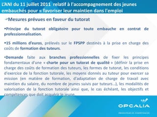 L’ANI du 11 juillet 2011  relatif à l'accompagnement des jeunes embauchés pour « favoriser leur maintien dans l'emploi Mesures prévues en faveur du tutorat  Principe du tutorat obligatoire pour toute embauche en contrat de professionnalisation. 15 millions d’euros , prélevés sur le  FPSPP  destinés à la prise en charge des coûts de  formation des tuteurs . Demande  faite aux  branches professionnelles  de fixer les principes fondamentaux d'une «  charte pour un tutorat de qualité  » (définir la prise en charge des coûts de formation des tuteurs, les formes de tutorat, les conditions d'exercice de la fonction tutorale, les moyens donnés au tuteur pour exercer sa mission (en matière de formation, d'adaptation de charge de travail avec maintien du salaire, du nombre de jeunes suivis par tuteurs…), les modalités de valorisation de la fonction tutorale ainsi que, le cas échéant, les objectifs et compétences que doit acquérir le jeune. 