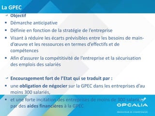 La GPEC Objectif  Démarche anticipative Définie en fonction de la stratégie de l’entreprise Visant à réduire les écarts prévisibles entre les besoins de main-d’œuvre et les ressources en termes d’effectifs et de compétences Afin d’assurer la compétitivité de l’entreprise et la sécurisation des emplois des salariés Encouragement fort de l’Etat qui se traduit par : une  obligation de négocier  sur la GPEC dans les entreprises d’au moins 300 salariés, et une forte incitation des entreprises de moins de 300 salariés par des  aides financières  à la GPEC   