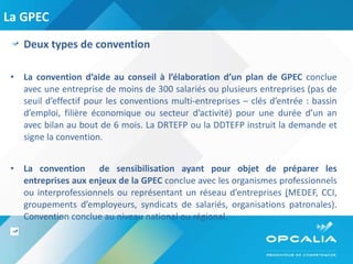La GPEC Deux types de convention La convention d’aide au conseil à l’élaboration d’un plan de GPEC  conclue avec une entreprise de moins de 300 salariés ou plusieurs entreprises (pas de seuil d’effectif pour les conventions multi-entreprises – clés d’entrée : bassin d’emploi, filière économique ou secteur d’activité) pour une durée d’un an avec bilan au bout de 6 mois. La DRTEFP ou la DDTEFP instruit la demande et signe la convention. La convention  de sensibilisation ayant pour objet de préparer les entreprises aux enjeux de la GPEC  conclue avec les organismes professionnels ou interprofessionnels ou représentant un réseau d’entreprises  ( MEDEF, CCI, groupements d’employeurs, syndicats de salariés, organisations patronales). Convention conclue au niveau national ou régional.   