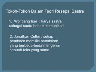 Tokoh-Tokoh Dalam Teori Resepsi Sastra
1. Wolfgang Iser : karya sastra
sebagai suatu bentuk komunikasi
2. Jonathan Culler : setiap
pembaca memiliki penafsiran
yang berbeda-beda mengenai
sebuah teks yang sama
 