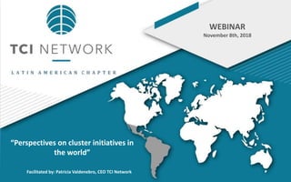 WEBINAR
November 8th, 2018
Facilitated by: Patricia Valdenebro, CEO TCI Network
“Perspectives on cluster initiatives in
the world”
 