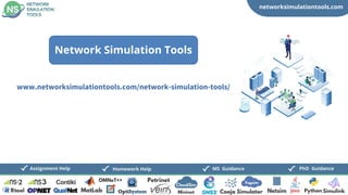 networksimulationtools.com
CloudSim
Fogsim
PhD Guidance
MS Guidance
Assignment Help Homework Help
www.networksimulationtools.com/network-simulation-tools/
Network Simulation Tools
 