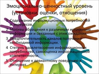 Эмоционально-ценностный уровень (установки, оценки, отношения) 1  Содержание информационных потребностей и  интересов. 2  Мотивы обращения к различным источникам  информации и связанные с этим ожидания. 3  Предпочтительность каналов получения необходимой информации. 4  Степень удовлетворения информационных потребностей, самооценка информационной компетентности. 5  Отношение к девиантному поведению в  Интернет. 