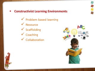  Constructivist Learning Environments







Problem based learning
Resource
Scaffolding
Coaching
Collaboration

 