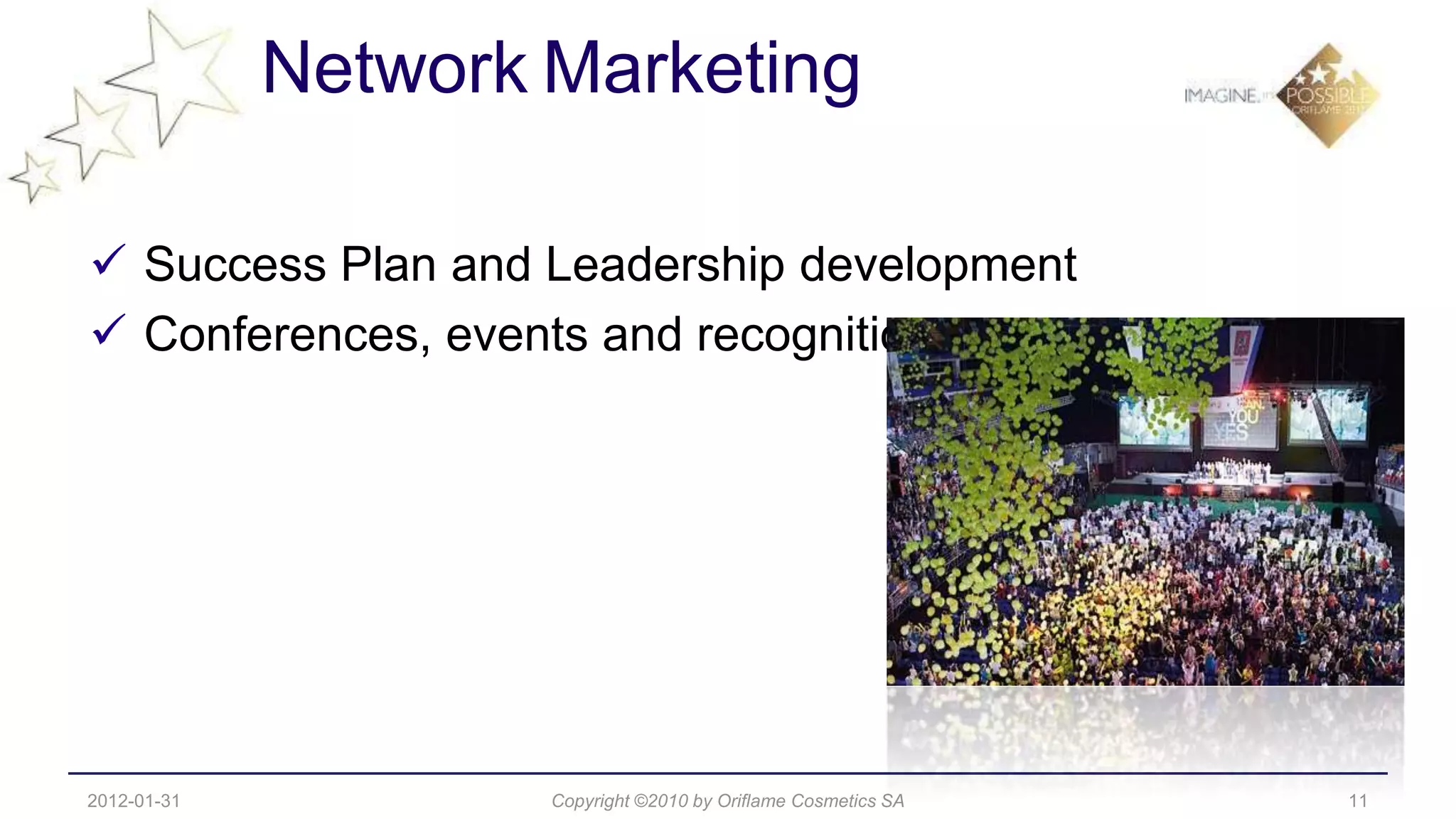 Network Marketing

 Success Plan and Leadership development
 Conferences, events and recognition




2012-01-31           Copyright ©2010 by Oriflame Cosmetics SA   11
 