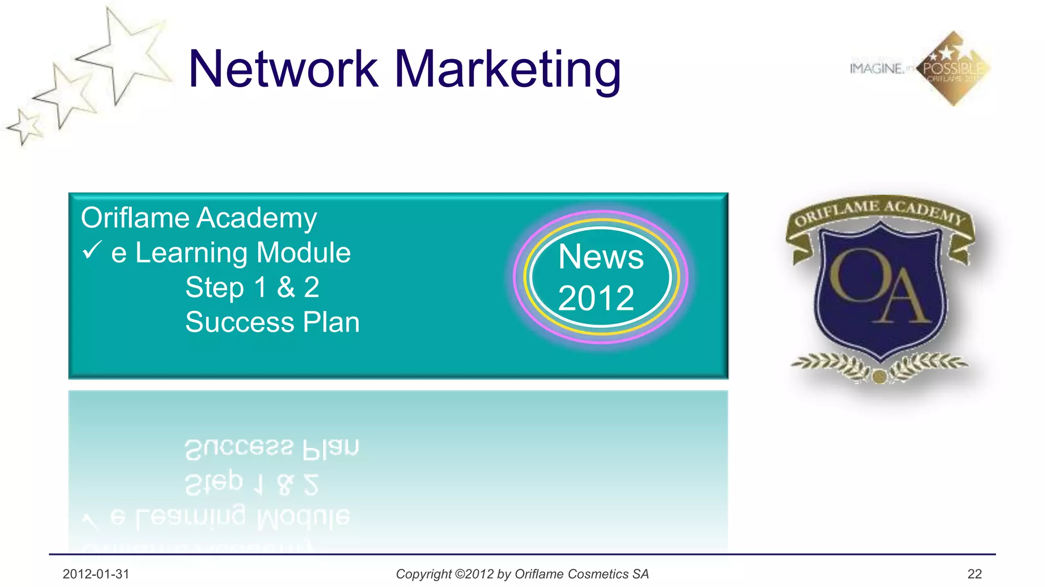 Network Marketing

  Oriflame Academy
   e Learning Module                             News
          Step 1 & 2                              2012
          Success Plan




2012-01-31               Copyright ©2012 by Oriflame Cosmetics SA   22
 