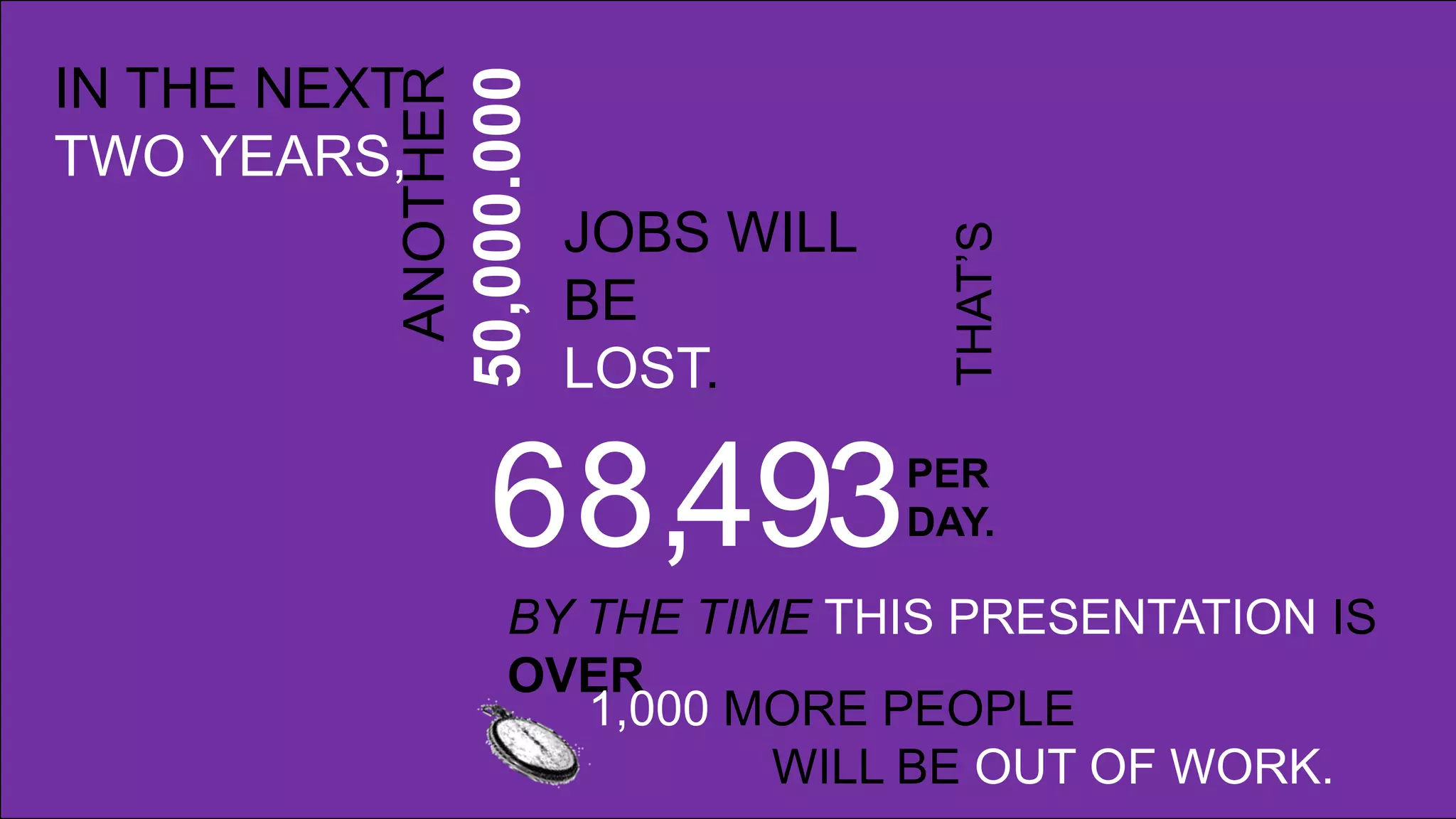 50,000.000
          ANOTHER
IN THE NEXT
TWO YEARS,
                                 JOBS WILL




                                                                            THAT’S
                                 BE
                                 LOST.

                      6 8,493                                         PER
                                                                      DAY.

                         BY THE TIME THIS PRESENTATION IS
                         OVER
                            1,000 MORE PEOPLE
                                   WILL BE OUT OF WORK.
                                 Copyright ©2009 by Oriflame Cosmetics SA
 