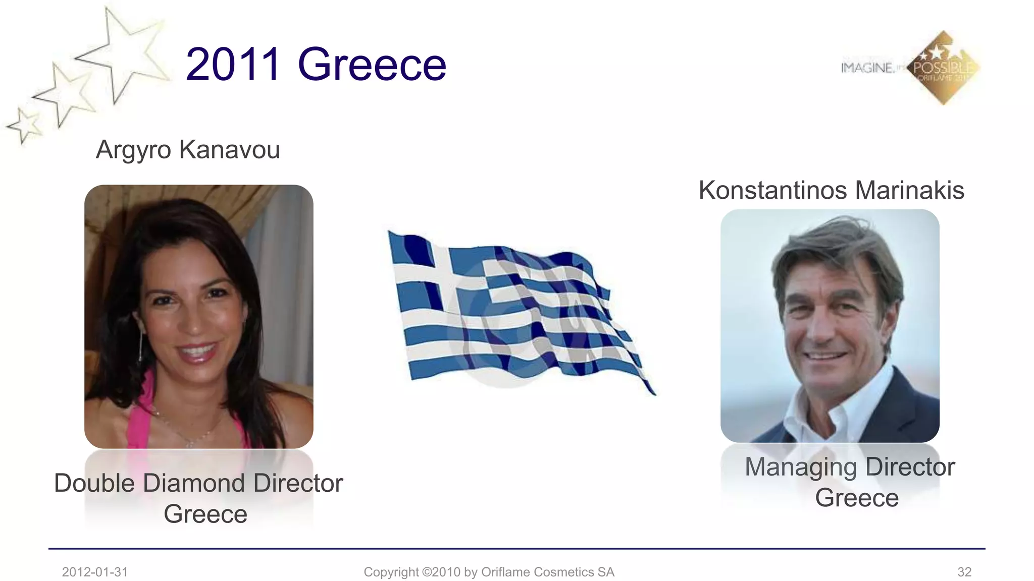 2011 Greece
     Argyro Kanavou
                                                                     Konstantinos Marinakis




                                                                        Managing Director
Double Diamond Director
                                                                            Greece
        Greece

2012-01-31                Copyright ©2010 by Oriflame Cosmetics SA                          32
 