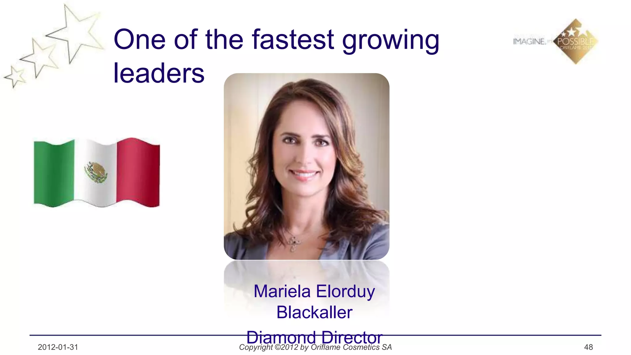 One of the fastest growing
             leaders




                         Mariela Elorduy
                                Blackaller
2012-01-31
                       Diamond Director
                      Copyright ©2012 by Oriflame Cosmetics SA   48
 