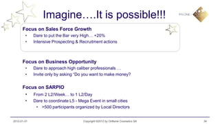 Imagine….It is possible!!!
      Focus on Sales Force Growth
        •    Dare to put the Bar very High… +20%
        •    Intensive Prospecting & Recruitment actions



      Focus on Business Opportunity
        •    Dare to approach high caliber professionals …
        •    Invite only by asking “Do you want to make money?


      Focus on SARPIO
       • From 2 L2/Week… to 1 L2/Day
        •    Dare to coordinate L5 - Mega Event in small cities
              • >500 participants organized by Local Directors


2012-01-31                            Copyright ©2012 by Oriflame Cosmetics SA   34
 