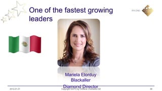 One of the fastest growing
             leaders




                         Mariela Elorduy
                                Blackaller
2012-01-31
                       Diamond Director
                      Copyright ©2012 by Oriflame Cosmetics SA   48
 