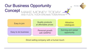 Our Business Opportunity
Concept

                               Quality products                  Attractive
     Easy to join
                              at affordable prices              catalogues

                                Personal growth          Earning and career
  Easy to do business            with SARPIO                opportunity


                    Direct selling company with a human touch
 