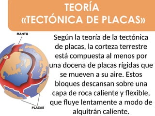 TEORÍA
«TECTÓNICA DE PLACAS»
Según la teoría de la tectónica
de placas, la corteza terrestre
está compuesta al menos por
una docena de placas rígidas que
se mueven a su aire. Estos
bloques descansan sobre una
capa de roca caliente y flexible,
que fluye lentamente a modo de
alquitrán caliente.
 