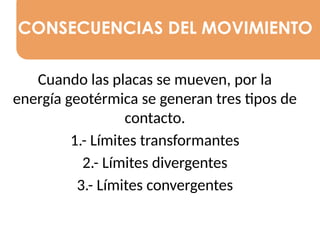 CONSECUENCIAS DEL MOVIMIENTO
Cuando las placas se mueven, por la
energía geotérmica se generan tres tipos de
contacto.
1.- Límites transformantes
2.- Límites divergentes
3.- Límites convergentes
 