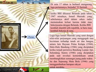 ketika RRI dikuasai Belanda pada tahun
1947 misalnya, Ismail Marzuki yang
sebelumnya aktif dalam orkes radio
memutuskan keluar karena tidak mau
bekerjasama dengan Belanda. Ketika RRI
kembali diambil alih republik, ia baru mau
kembali bekerja di sana.
Lagu-lagu Ismail Marzuki yang sarat dengan
nilai-nilai perjuangan yang menggugah rasa
kecintaan terhadap tanah air dan bangsa,
antara lain Rayuan Pulau Kelapa (1944),
Halo-Halo Bandung (1946) yang diciptakan
ketika terjadi peristiwa Bandung Lautan Api,
Selendang Sutera (1946) yang diciptakan
pada saat revolusi kemerdekaan untuk
membangkitkan semangat juang pada waktu
itu dan Sepasang Mata Bola (1946) yang
menggambarkan harapan rakyat
untuk merdeka.
Di usia 17 tahun ia berhasil mengarang
lagu pertamanya, berjudul “O Sarinah
Peran
 