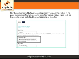 Rel=Canonical tag fields have been integrated throughout the system in the
page manager configurations, and in specific dynamic module types such as
Exponent's news, portfolio, blog, and ecommerce modules.

 