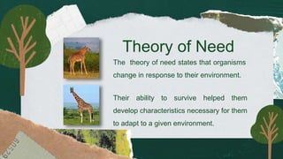 Theory of Need
The theory of need states that organisms
change in response to their environment.
Their ability to survive helped them
develop characteristics necessary for them
to adapt to a given environment.
 