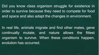 Did you know class organism struggle for existence in
order to survive because they need to compete for food
and space and also adapt the changes in environment.
In real life, animals migrate and find other mates, gene
continually mutate, and nature allows the fittest
organism to survive. When these conditions happen,
evolution has occurred.
 