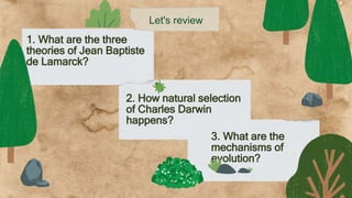 Let's review
1. What are the three
theories of Jean Baptiste
de Lamarck?
2. How natural selection
of Charles Darwin
happens?
3. What are the
mechanisms of
evolution?
 
