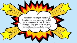 Kabataan, kailangan mo nang
kumilos para sa pagtataguyod at
pagmamahalan ng sarili mong
pamilya. May gampanin ka, may
bahagi ka, nakahanda ka na ba?
 