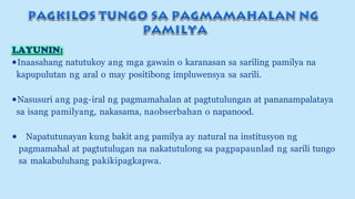 ●Inaasahang natutukoy ang mga gawain o karanasan sa sariling pamilya na
kapupulutan ng aral o may positibong impluwensya sa sarili.
●Nasusuri ang pag-iral ng pagmamahalan at pagtutulungan at pananampalataya
sa isang pamilyang, nakasama, naobserbahan o napanood.
● Napatutunayan kung bakit ang pamilya ay natural na institusyon ng
pagmamahal at pagtutulugan na nakatutulong sa pagpapaunlad ng sarili tungo
sa makabuluhang pakikipagkapwa.
 