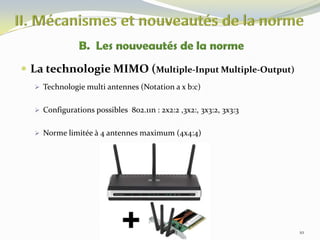  La technologie MIMO (Multiple-Input Multiple-Output)
 Technologie multi antennes (Notation a x b:c)
 Configurations possibles 802.11n : 2x2:2 ,3x2:, 3x3:2, 3x3:3
 Norme limitée à 4 antennes maximum (4x4:4)

10

 
