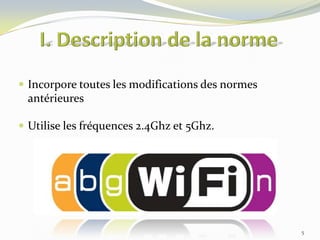  Incorpore toutes les modifications des normes

antérieures
 Utilise les fréquences 2.4Ghz et 5Ghz.

5

 