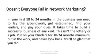 Individual results will vary. (c) 2018
www.OnlineMLMCommunity.com
10
Doesn't Everyone Fail in Network Marketing?
In your first 18 to 24 months in the business you need
to lay the groundwork, get established, find your
leaders, and pay your dues. It takes time to build a
successful business of any kind. This isn’t the lottery or
a job. Put on your blinders for 18-24 months minimum,
put in the work, and never look back. You’ll be glad that
you did.
 