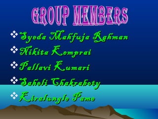 Syeda Mahfuja RahmanSyeda Mahfuja Rahman
Nikita KempraiNikita Kemprai
Pallavi KumariPallavi Kumari
Saheli ChakrabotySaheli Chakraboty
Kiralungle PameKiralungle Pame
 