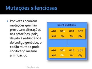    Por vezes ocorrem
    mutações que não
    provocam alterações
    nas proteínas, pois,
    devido à redundância
    do código genético, o
    codão mutado pode
    codificar o mesmo
    aminoácido


               Nuno Correia 09/10
 