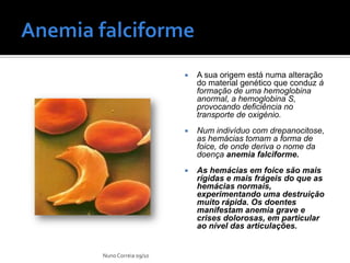   A sua origem está numa alteração
                         do material genético que conduz à
                         formação de uma hemoglobina
                         anormal, a hemoglobina S,
                         provocando deficiência no
                         transporte de oxigénio.
                        Num indivíduo com drepanocitose,
                         as hemácias tomam a forma de
                         foice, de onde deriva o nome da
                         doença anemia falciforme.
                        As hemácias em foice são mais
                         rígidas e mais frágeis do que as
                         hemácias normais,
                         experimentando uma destruição
                         muito rápida. Os doentes
                         manifestam anemia grave e
                         crises dolorosas, em particular
                         ao nível das articulações.


Nuno Correia 09/10
 