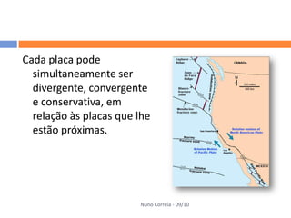 Cada placa pode
  simultaneamente ser
  divergente, convergente
  e conservativa, em
  relação às placas que lhe
  estão próximas.




                        Nuno Correia - 09/10
 