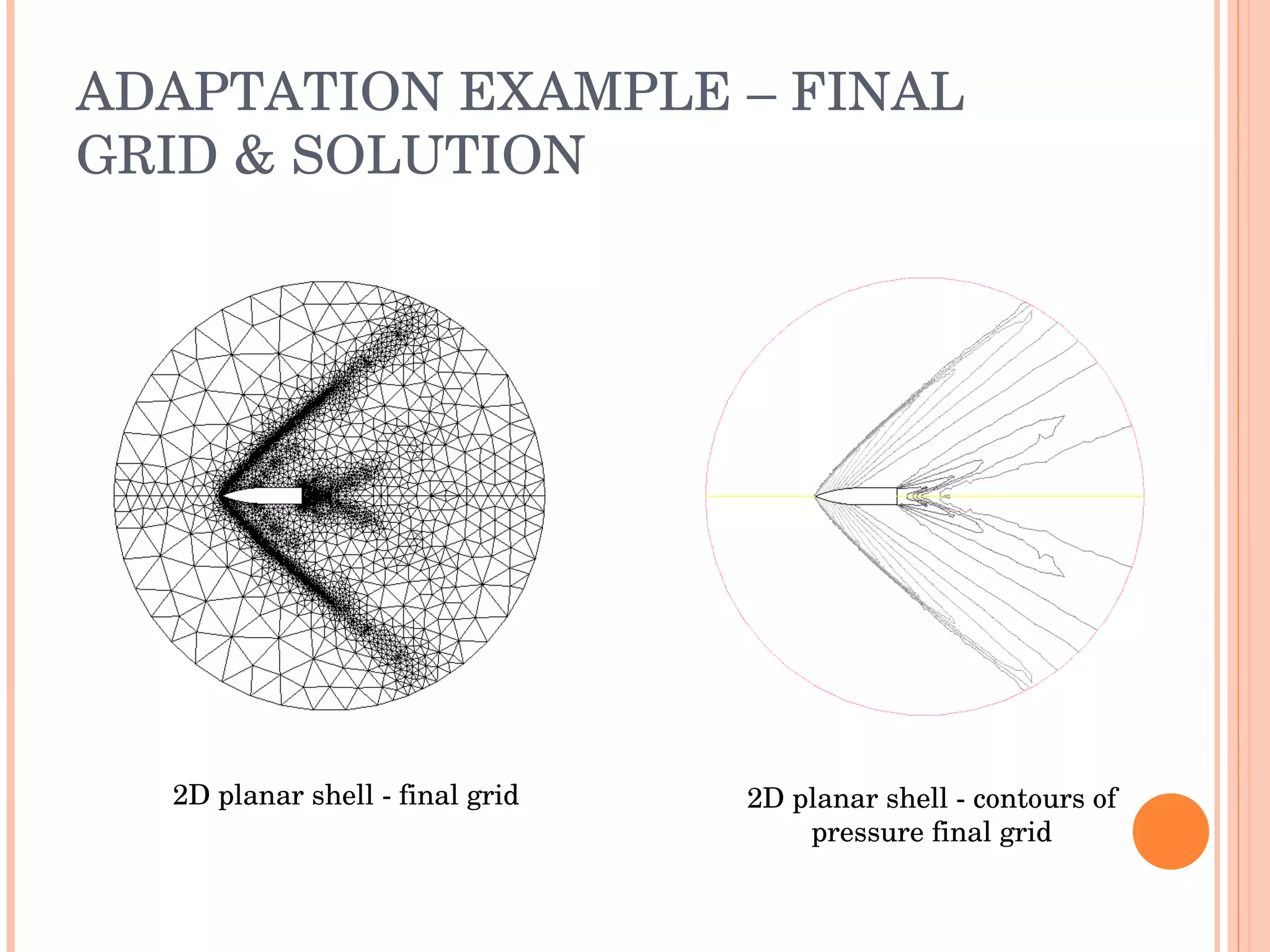 ADAPTATION EXAMPLE – FINAL GRID & SOLUTION 2D planar shell - contours of pressure final grid 2D planar shell - final grid 