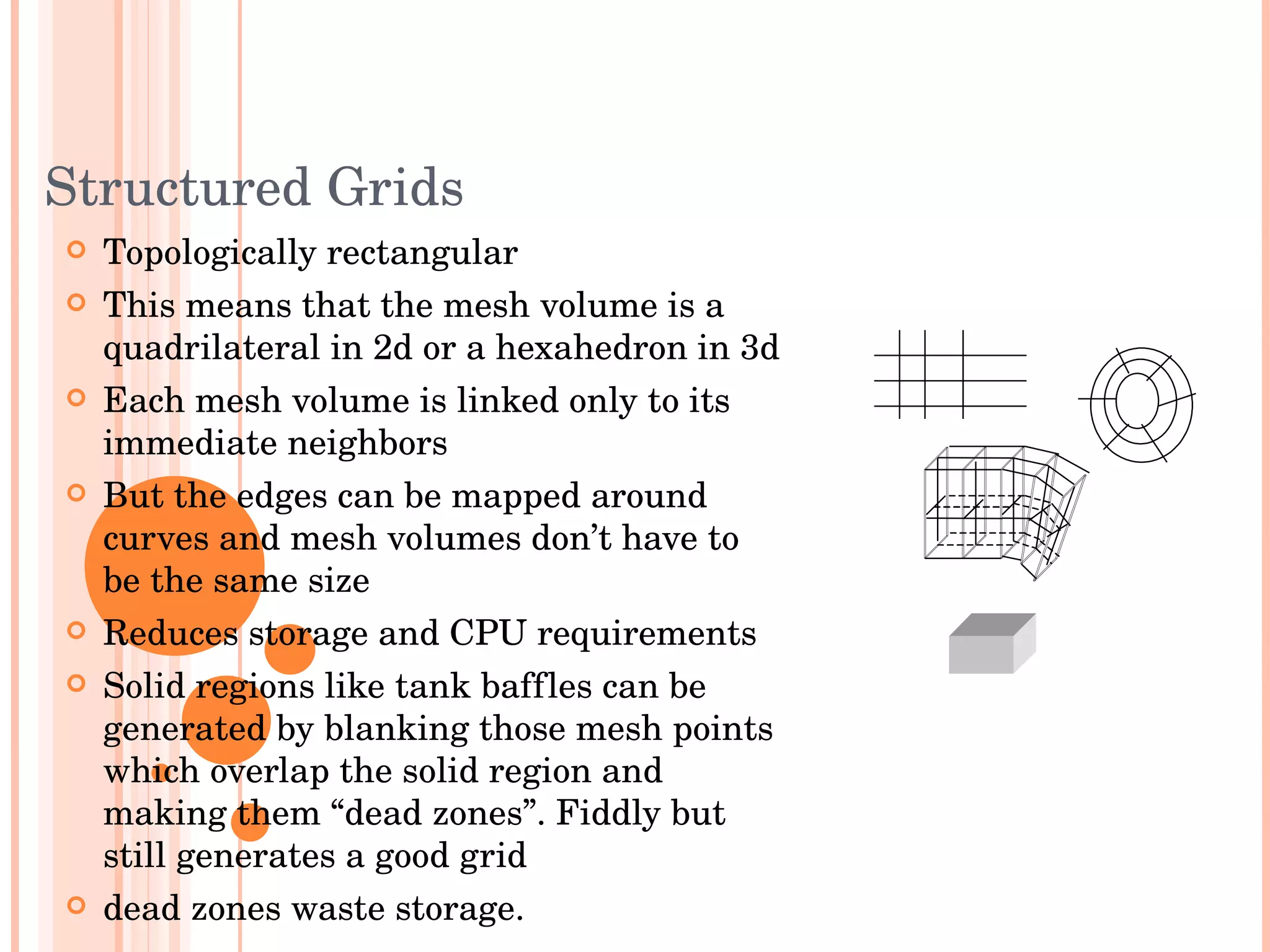 Structured Grids Topologically rectangular This means that the mesh volume is a quadrilateral in 2d or a hexahedron in 3d Each mesh volume is linked only to its immediate neighbors But the edges can be mapped around curves and mesh volumes don’t have to be the same size Reduces storage and CPU requirements Solid regions like tank baffles can be generated by blanking those mesh points which overlap the solid region and making them “dead zones”. Fiddly but still generates a good grid dead zones waste storage.  
