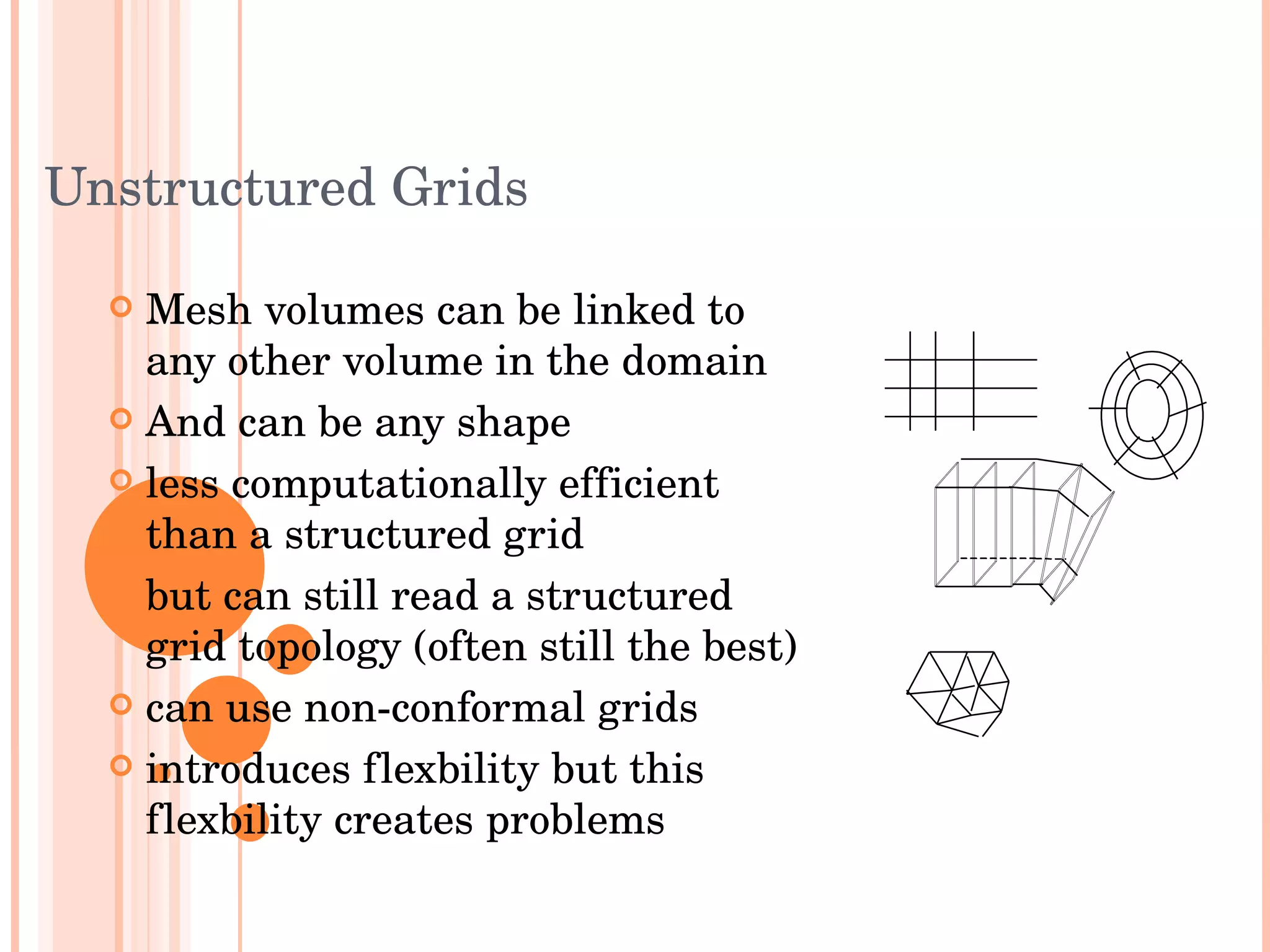 Unstructured Grids Mesh volumes can be linked to any other volume in the domain And can be any shape less computationally efficient than a structured grid but can still read a structured grid topology (often still the best) can use non-conformal grids introduces flexbility but this flexbility creates problems 