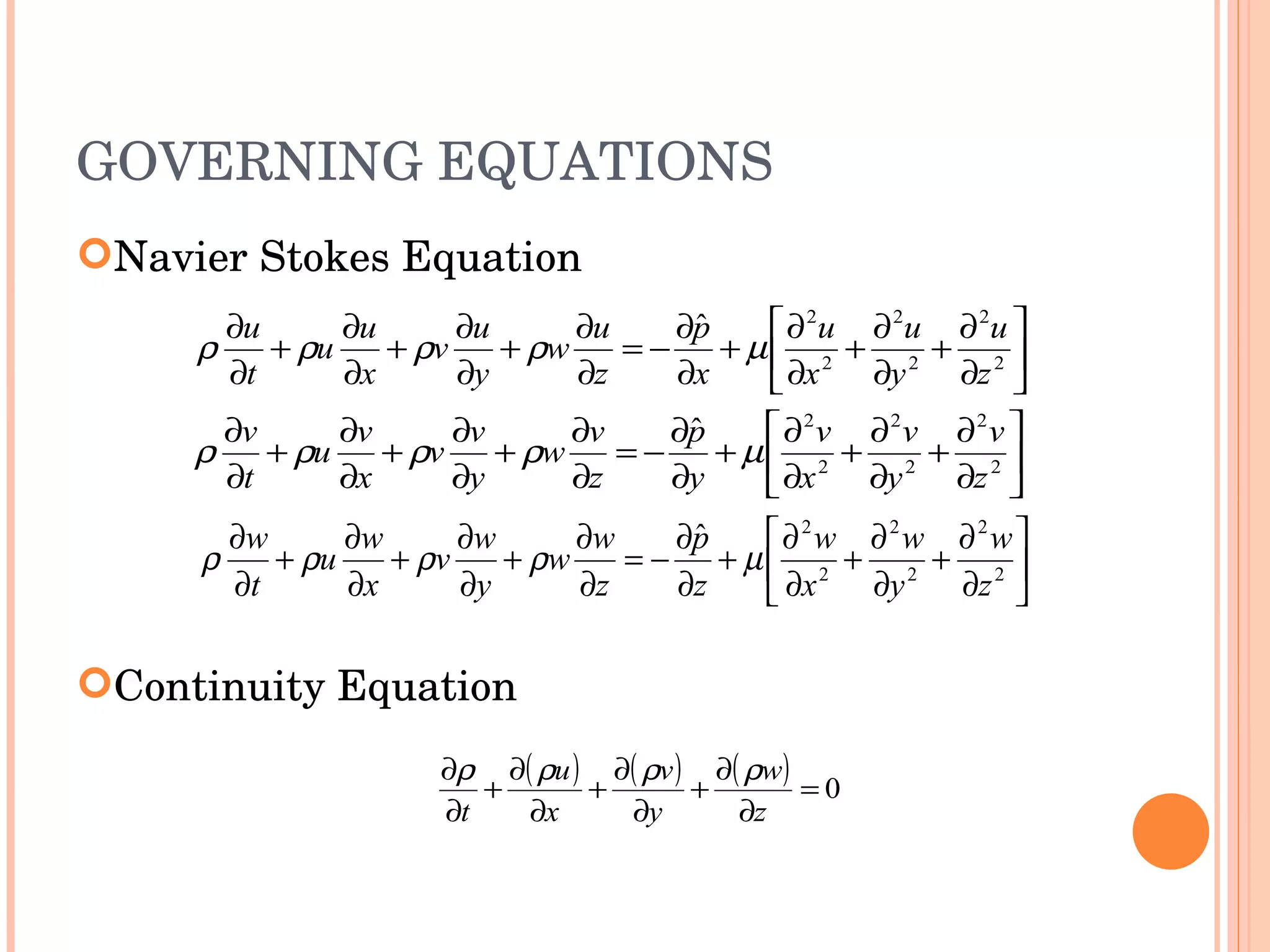 GOVERNING EQUATIONS Navier Stokes Equation Continuity Equation 