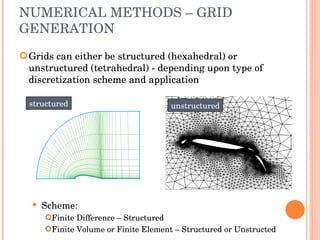 NUMERICAL METHODS – GRID GENERATION Grids can either be structured (hexahedral) or unstructured (tetrahedral) - depending upon type of discretization scheme and application Scheme: Finite Difference – Structured Finite Volume or Finite Element – Structured or Unstructed structured unstructured 