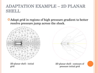 ADAPTATION EXAMPLE – 2D PLANAR SHELL 2D planar shell - initial grid Adapt grid in regions of high pressure gradient to better resolve pressure jump across the shock. 2D planar shell - contours of pressure initial grid 