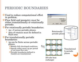 PERIODIC BOUNDARIES Used to reduce computational effort in problem. Flow field and geometry  must  be either translationally or rotationally periodic. For rotationally periodic boundaries:  p = 0 across periodic planes. Axis of rotation must be defined in fluid zone. For translationally periodic boundaries:  p can be finite across periodic planes. Models fully developed conditions. Specify either mean   p per period  or net mass flow rate. Periodic boundaries defined in  Gambit are translational. Translationally periodic planes 2D tube heat exchanger flow Rotationally periodic planes 