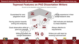 Literature
Survey
Research
Proposal
System
Development
Paper
Writing
Paper
Publish
Thesis
Writing
MS
Thesis
Visit : www.phdservices.org
Research Assistance For PhD & MS Scholar
Synopsis
Writing
Writer experience in their
home research area
Guaranteed for zero
plagiarism result
Topmost Features on PhD Dissertation Writers
We point out the dissertation writers features for students elucidation,
Having passion towards
writing and analyzing
Good observation skills to
point out cravings
Willing to explain the
outright dissertation
Self motivate and dedicate
to chase deadline
Always attentive to
requirements
Writers join with team by
crossing multi-level test
 