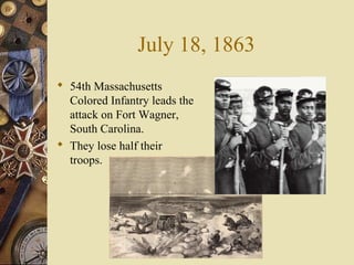 July 18, 1863
 54th Massachusetts
Colored Infantry leads the
attack on Fort Wagner,
South Carolina.
 They lose half their
troops.
 