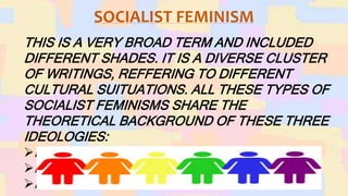 SOCIALIST FEMINISM
THIS IS A VERY BROAD TERM AND INCLUDED
DIFFERENT SHADES. IT IS A DIVERSE CLUSTER
OF WRITINGS, REFFERING TO DIFFERENT
CULTURAL SUITUATIONS. ALL THESE TYPES OF
SOCIALIST FEMINISMS SHARE THE
THEORETICAL BACKGROUND OF THESE THREE
IDEOLOGIES:
MARXIAN
RQADICAL
PHENOMENOLOGICAL
 