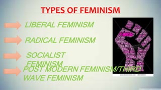 TYPES OF FEMINISM
LIBERAL FEMINISM
RADICAL FEMINISM
SOCIALIST
FEMINISM
POST MODERN FEMINISM/THIRD
WAVE FEMINISM
 