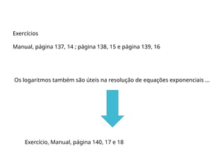 Exercícios
Manual, página 137, 14 ; página 138, 15 e página 139, 16
Os logaritmos também são úteis na resolução de equações exponenciais …
Exercício, Manual, página 140, 17 e 18
 