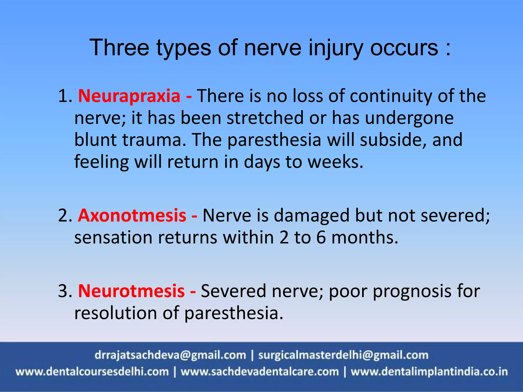 Three types of nerve injury occurs :
1. Neurapraxia - There is no loss of continuity of the
nerve; it has been stretched or has undergone
blunt trauma. The paresthesia will subside, and
feeling will return in days to weeks.
2. Axonotmesis - Nerve is damaged but not severed;
sensation returns within 2 to 6 months.
3. Neurotmesis - Severed nerve; poor prognosis for
resolution of paresthesia.
 