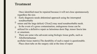 Once identified must be repaired because it will not close spontaneously
regardless the size.
Early diagnosis needs abdominal approach using the interrupted
nonabsorbable
suture and the large defect(>25cm2) may need nonabsorbable mesh.
In the event of a gross contamination, endogenous tissue can be
utilized for a definitive repair as latissimus dorsi flap, tensor fascia lata
or omentum.
There are some who advocate using biologic tissue grafts, such as
AlloDerm(human
acellular tissue matrix).The durability of such a repair is questionable.
Place chest tube on the surgery side at the time of repair
Treatment
 